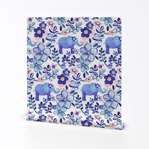 Olifantbehang - olifant bloemen op wit van Micklyn - olifant op maat bedrukte verwijderbare zelfklevende behangrol van Spoonflower