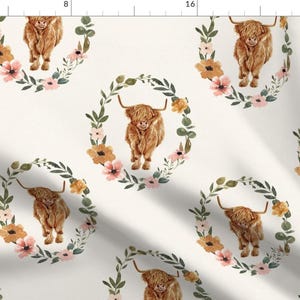 Highland Cow Fabric - Highland Cow Wreath by cateandrainn - Farmhouse Floral Wreath Fall Floral Cow Floral Fabric by the Yard by Spoonflower