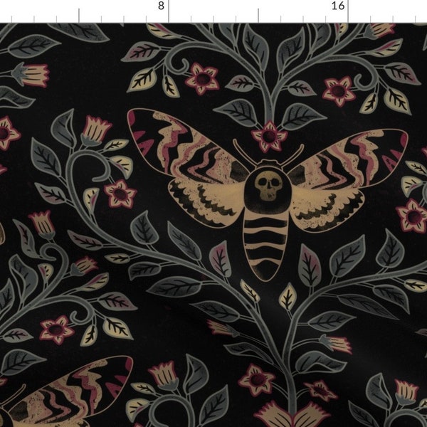 Death Head Moth Fabric - Death Head Damask by lu_repeating - Gothic Belladonna Skull Black Green Fabric by the Yard by Spoonflower