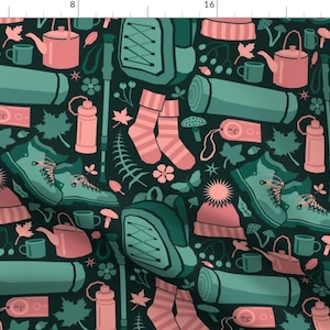 Hiking Fabric - Let&#39;S Go For A Walk By The Snail And Starling - Hiking Green Pink Boots Pack Camp Cotton Fabric By The Yard With Spoonflower
