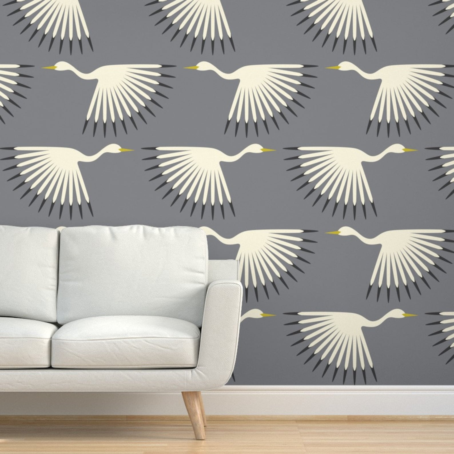 Art Deco Wallpaper Art Deco Cranes by Katerhees Dark Grey - Etsy