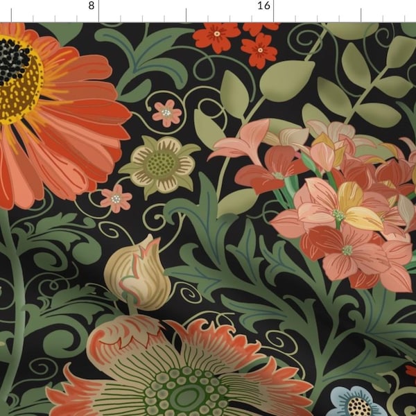 Nouveau Orange Floral Fabric - Le Jardin Art Nouveau Black By Honoluludesign - Vintage Inspired Cotton Fabric By The Yard With Spoonflower