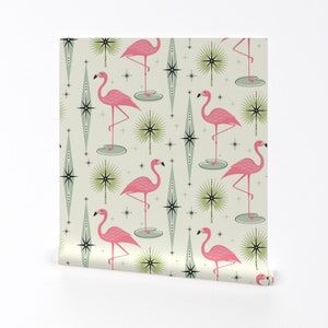 Pink Flamingos Wallpaper - Atomic Flamingo By Studioxtine - Retro Custom Printed Removable Self Adhesive Wallpaper Roll by Spoonflower