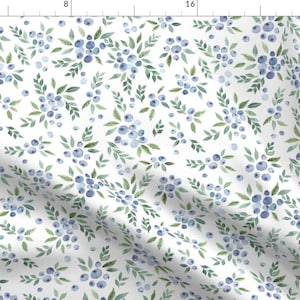Watercolor Bluebery Fabric - Blueberries On White by yuanxu - Spring Summer Painted Fruit Botanical Fabric by the Yard by Spoonflower