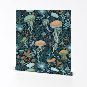 Blue Jellyfish Removable Peel and Stick Wallpaper - Under The Sea Ocean Life Seaweed Coastal - Wall Art Wall Decor - Ocean Life by misodart