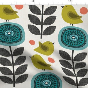 Floral Fabric - Retro Flowers And Birds by anequ_studio - Flowers Scandi Scandinavian Mid Century Folk  Fabric by the Yard by Spoonflower