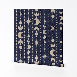 Celestial Removable Peel and Stick Wallpaper - Garland Astronomy Night Sky Astrology - Wall Art Wall Decor - Stars And Moons by mariliineira