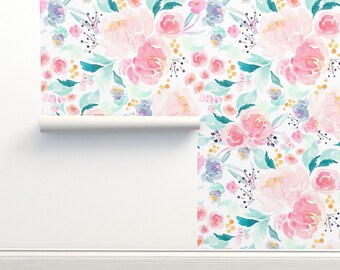 Watercolor Floral Wallpaper - Mermaid Lagoon B By Indybloomdesign - Custom Printed Removable Self Adhesive Wallpaper Roll by Spoonflower