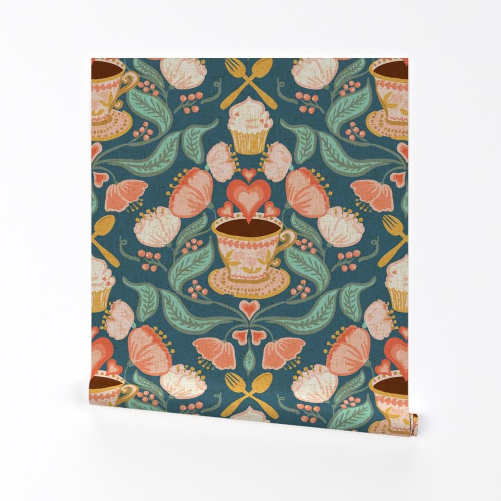 Teacup Damask Removable Peel and Stick Wallpaper - Flowers Coffee Cupcakes Sweets - Wall Art Wall Decor - Coffee Cupcakes & Flowers by dj-v