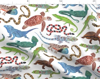 Reptiles Fabric - Endangered Reptiles Around The World By Dasbrooklyn - Reptilia Green Blue Kids Cotton Fabric By The Yard With Spoonflower