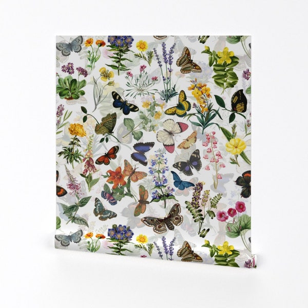 Butterfly Garden Wallpaper - Spring Flower Garden By Utart - White Green Spring Floral Removable Self Adhesive Wallpaper Roll by Spoonflower