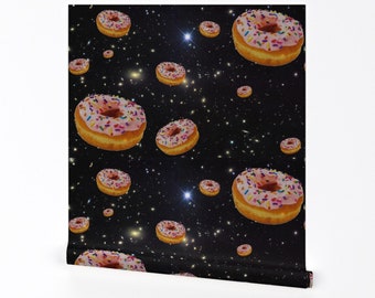 Space Donut Wallpaper - Donut Galaxy By Sewoeno - Space Donuts Black Custom Printed Removable Self Adhesive Wallpaper Roll by Spoonflower