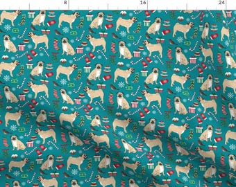 Christmas Pugs Fabric - Cute Pugs Fabric Red And Green By Petfriendly - Pugs Christmas Blue Cotton Fabric By The Yard With Spoonflower