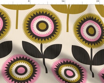 Retro Fabric - Jumbo Scandi Floral by carey_copeland - Flowers Scandi Pink And Black Vintage Scandinavian Fabric by the Yard by Spoonflower