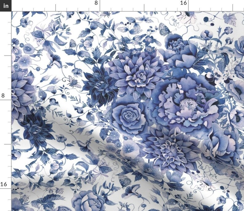 Japanese Floral Fabric Blue and White Floral by Gabbymalpas Etsy