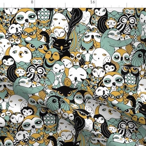 Teal and Gold Owls Fabric - A Parliament In Session By Ceanirminger - Mod Birds Nursery Decor Cotton Fabric By The Yard With Spoonflower