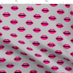 Lips Fabric - Love Lips Lipstick Grid Pink Black White Grid Memphis Kids By Charlotte Winter - Cotton Fabric By The Yard With Spoonflower