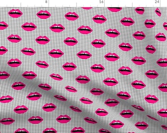 Lips Fabric - Love Lips Lipstick Grid Pink Black White Grid Memphis Kids By Charlotte Winter - Cotton Fabric By The Yard With Spoonflower