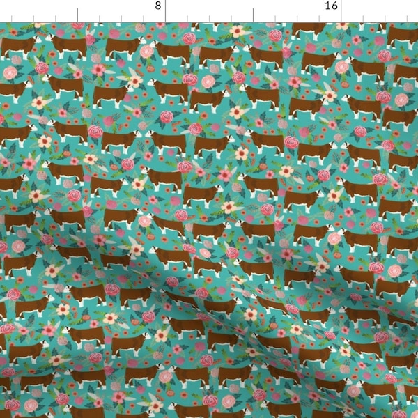 Hereford Floral Fabric - Hereford Cow Farm Floral Fabric Cattle Teal By Petfriendly - Hereford Cotton Fabric By The Yard With Spoonflower