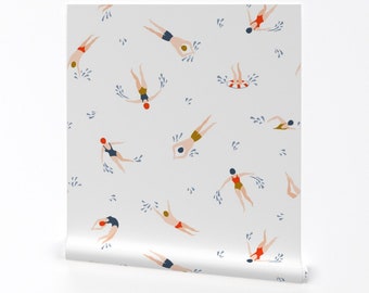 Summer Swimming Wallpaper - Cute Swimmers (White) By Alenkakarabanova - Cute Whimsical Nautical Swim Team Beach Wallpaper with Spoonflower