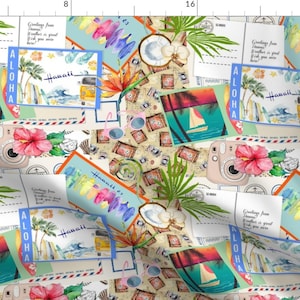 Retro Postcards Tropical Vacation Fabric - Wish You Were Here! By Floramoon - Retro Postcards Cotton Fabric By The Yard With Spoonflower