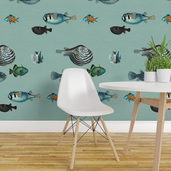 Vintage Nautical Peel and Stick Wallpaper - Sea Life Coastal Maritime - Removable Wall Decor Art -  Exotic Fish by delinda_graphic_studio