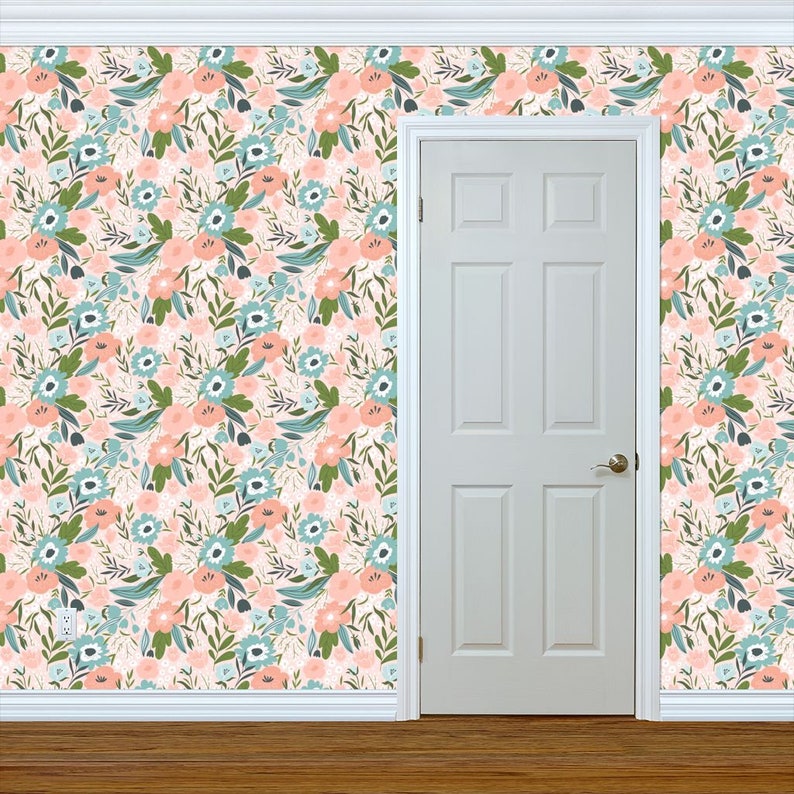 Girl/'s Room Pink Custom Printed Removable Self Adhesive Wallpaper Roll by Spoonflower Floral Wallpaper Spring Flowers By Alenkakarabanova
