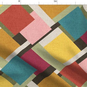 May include: Abstract geometric pattern featuring a repeating design of overlapping squares in shades of yellow, red, pink, teal, and green. The squares are arranged in a diagonal pattern, creating a dynamic and modern look.