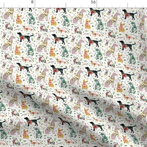 May include: A seamless pattern featuring black silhouettes of dogs with floral designs. The dogs are in various poses, including sitting, standing, and running. The floral designs are in shades of pink, blue, green, and yellow.