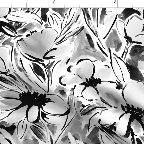 Floral B&W Fabric - Large Scale Painterly Floral In Black And White By Mjmstudio - Painterlydc Cotton Fabric By The Yard With Spoonflower