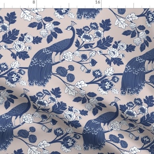 Peacock Fabric - Peacock Garden Indigo Silver By Ceciliamok - Peacock Floral Chinoiserie Decor Cotton Fabric By The Yard With Spoonflower