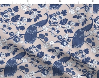Peacock Fabric - Peacock Garden Indigo Silver By Ceciliamok - Peacock Floral Chinoiserie Decor Cotton Fabric By The Yard With Spoonflower