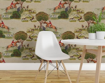 Fox Hunting Wallpaper - A Crewel Hunt By Eclectic House - Crewel Custom Printed Removable Self Adhesive Wallpaper Roll by Spoonflower