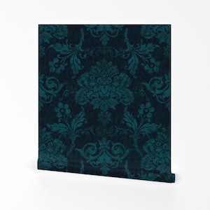 Dark Teal Damask Removable Peel and Stick Wallpaper - Flower Vintage - Wall Art Wall Decor - Victorian Damask by andrea_haase_design