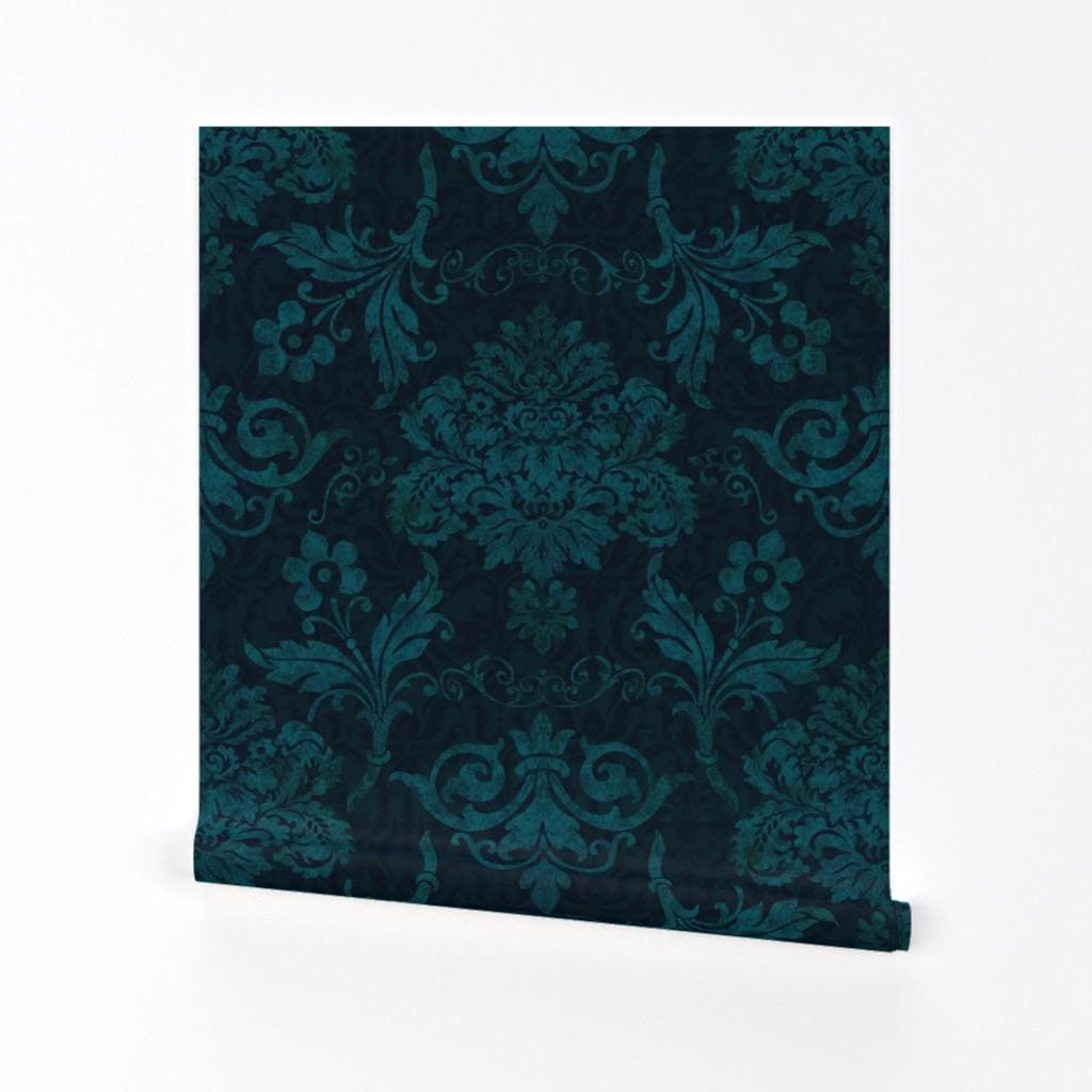 Donkerblauwgroen damast verwijderbaar Peel-and-Stick behang - Flower Vintage - Wall Art Wall Decor - Victoriaans damast door andrea_haase_design