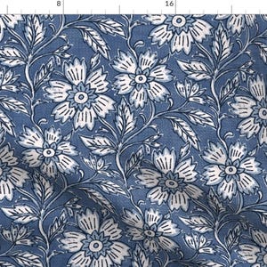 Bohemian Fabric - Boho Block Print by allegramckenziedesigns - Faux Block Print Blue And White Floral Boho Fabric by the Yard by Spoonflower