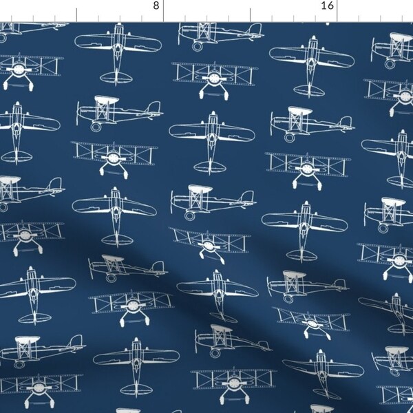 Wright Blue Airplanes Fabric - Biplanes On Navy Blue // Large By Thinlinetextiles - Wright Cotton Fabric By The Yard With Spoonflower