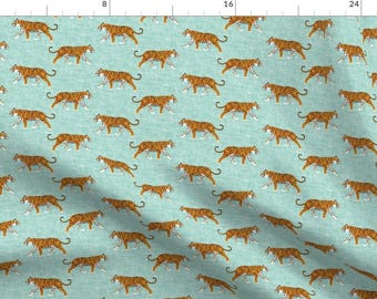 Walking Tigers Fabric - Walking Tiger On Dark Mint By Littlearrowdesign - Tiger Animal Jungle Cat Cotton Fabric By The Yard With Spoonflower