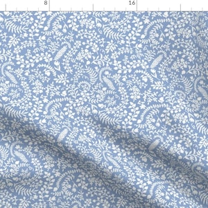 Botanical Fabric - White Florals On Dusty Blue by danika_herrick - Dusty Blue Floral Scattered Flowers Fabric by the Yard by Spoonflower