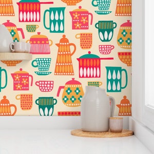 Vintage Kettles Wallpaper - Retro Kitchen Pots by aaron_gallen - Retro Retro Colors 50s  Removable Peel and Stick Wallpaper by Spoonflower