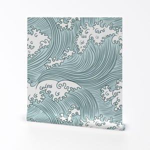 Ocean Waves Wallpaper - Japanese Waves By Sveta Aho - Pine Green Mint Blue Nautical Removable Self Adhesive Wallpaper Roll by Spoonflower image 2