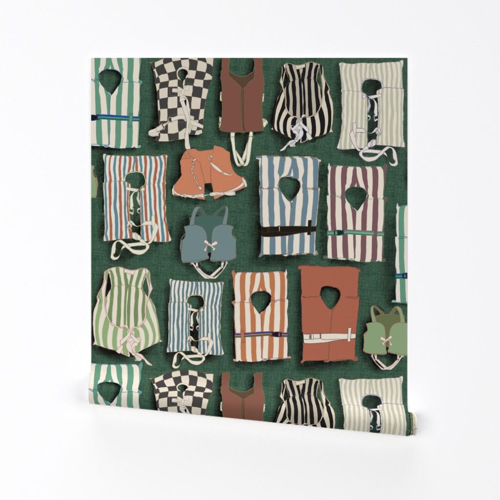 Papel pintado autoadhesivo removible con diseño de chaleco salvavidas - Campamento náutico verde costero - Decoración de pared - Chalecos salvavidas v