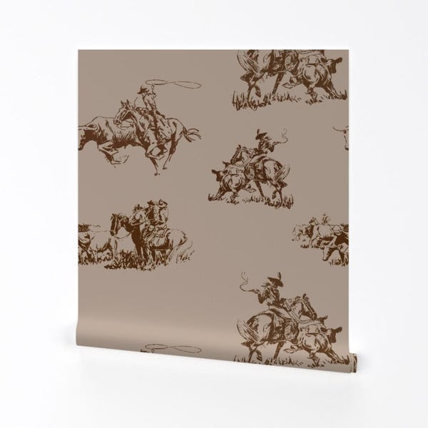 Western Cowboy Removable Peel and Stick Wallpaper - Rustic Lodge Sepia Neutral - Wall Art Wall Decor - Cowboy Toile by hansonhomesolutions