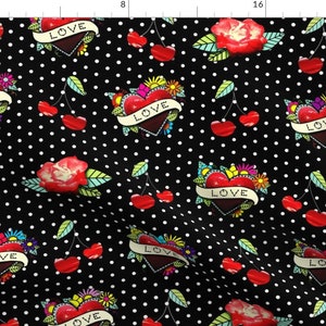 Rockabilly Black And Red Heart Tattoo Fabric - Rockabilly Tats By Saint Shores - Rockabilly Cotton Fabric By The Yard With Spoonflower