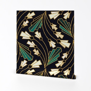 Floral Deco Removable Peel and Stick Wallpaper - Geometric Modern Roaring 20s Blue - Wall Art Wall Decor - Art Deco Floral Twist by tigatiga