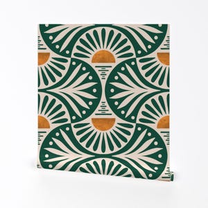 Art Deco Removable Peel and Stick Wallpaper - Tropical Maximalist Emerald Green Fans Boho - Wall Art Wall Decor - Art Deco Sunset by de_koro