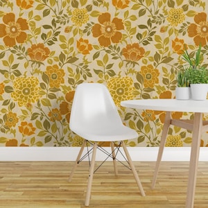 Retro Tapete zum Abziehen und Aufkleben - Florale Blumen Botanische - Wieder ablösbare Tapete - 70er Jahre Retro Blumen Warme Farben by chrissyink