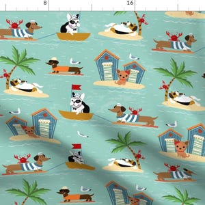 Dog Beach Time Blue Puppies Fabric - The Ultimate Dog Vacation By Avisnana - Dog Beachy Cotton Fabric By The Yard With Spoonflower