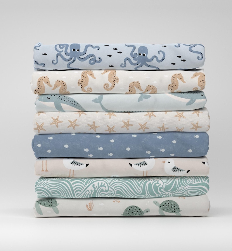 Whimsical pastel coastal beach cotton fabric printed by Spoonflower