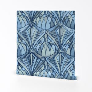 Blue Removable Peel and Stick Wallpaper -  Glass Art Deco Art Nouveau Stained Glass  - Wall Art Wall Decor - Blue Grey Art Deco by micklyn